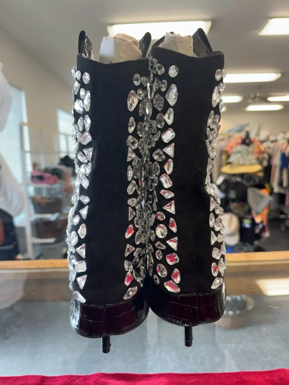 Lauren Lorraine Black Jeweled Patent Croc Mid-Calf Boots - Picture 6 of 7